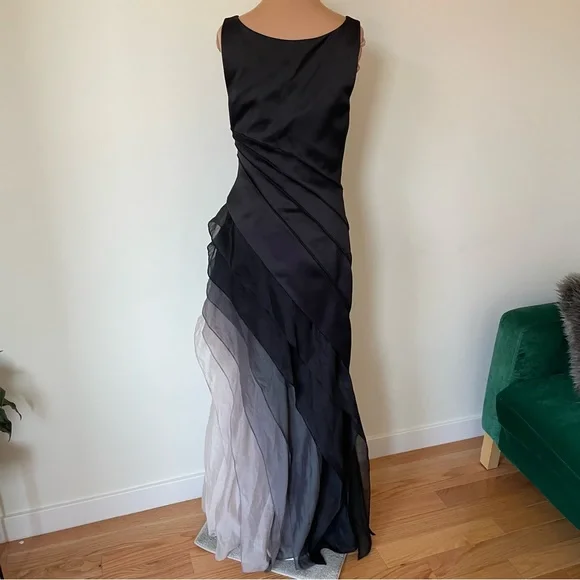 Halston Heritage Black Satin Organza Sleeveless Ombre Degrade Tiered Gown EUC 2 - Picture 6 of 12